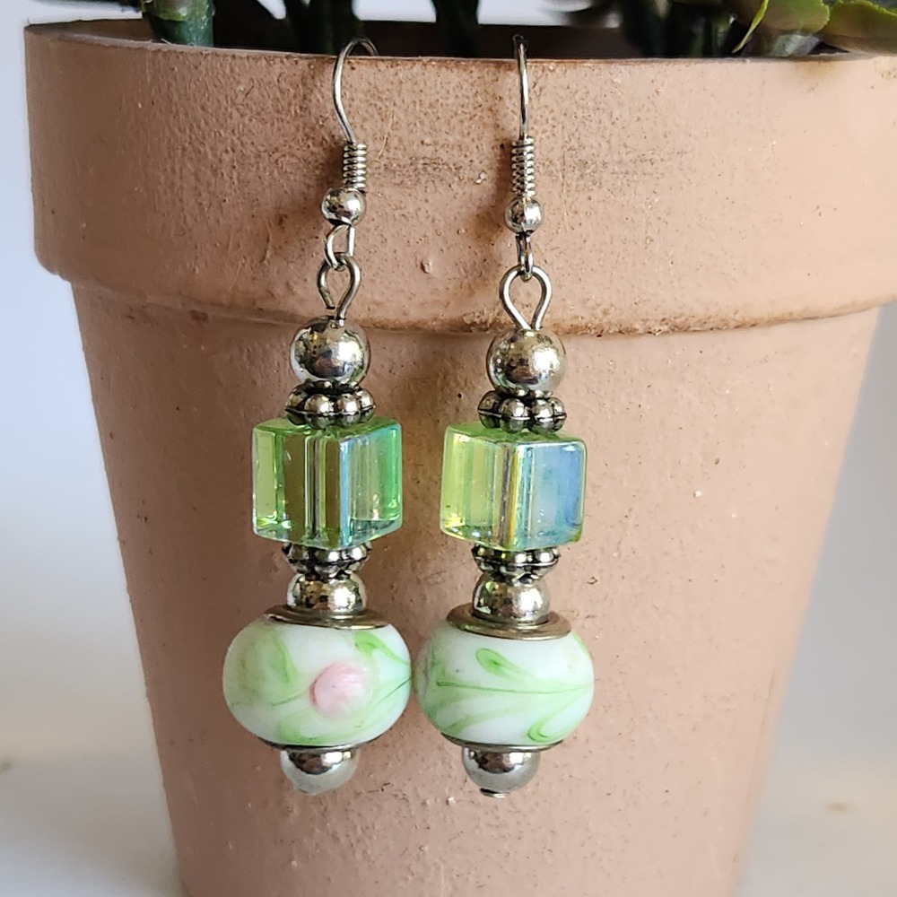 Green Iridescent Cube and Floral Lampwork Glass Drop Earrings Silver Tone 1.75"